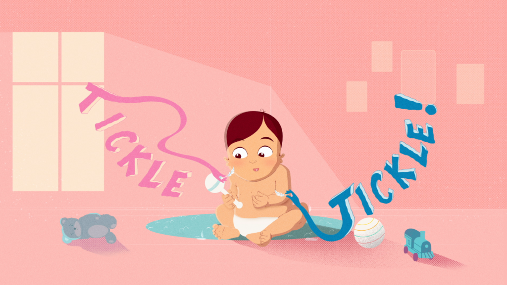 Animation Director Corinne Ladeinde Illustrated And Animated The 20 Second Online Commercial, With The Main Focus Being The Hero Baby Who Is Here Surrounded By Two Words 'Tickle Tickle' And Toys. Their Expression Looks Intrigued And Playful.